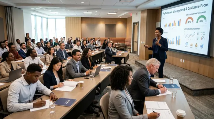 Performance management and customer-focused culture training for financial institution branch teams